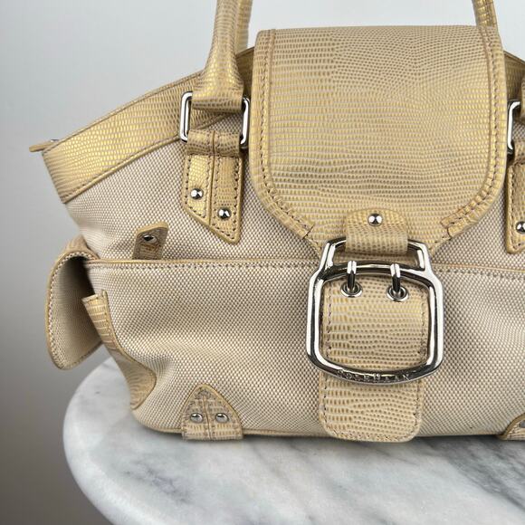 Cole Haan Buckle Canvas Tan and Gold Lizard Skin Embossed Leather Shoulder Bag - Picture 9 of 16
